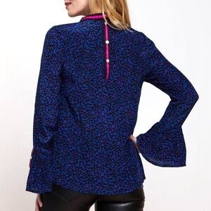 Women’s Blue Patterned Long-Sleeve Blouse with Pink Trim